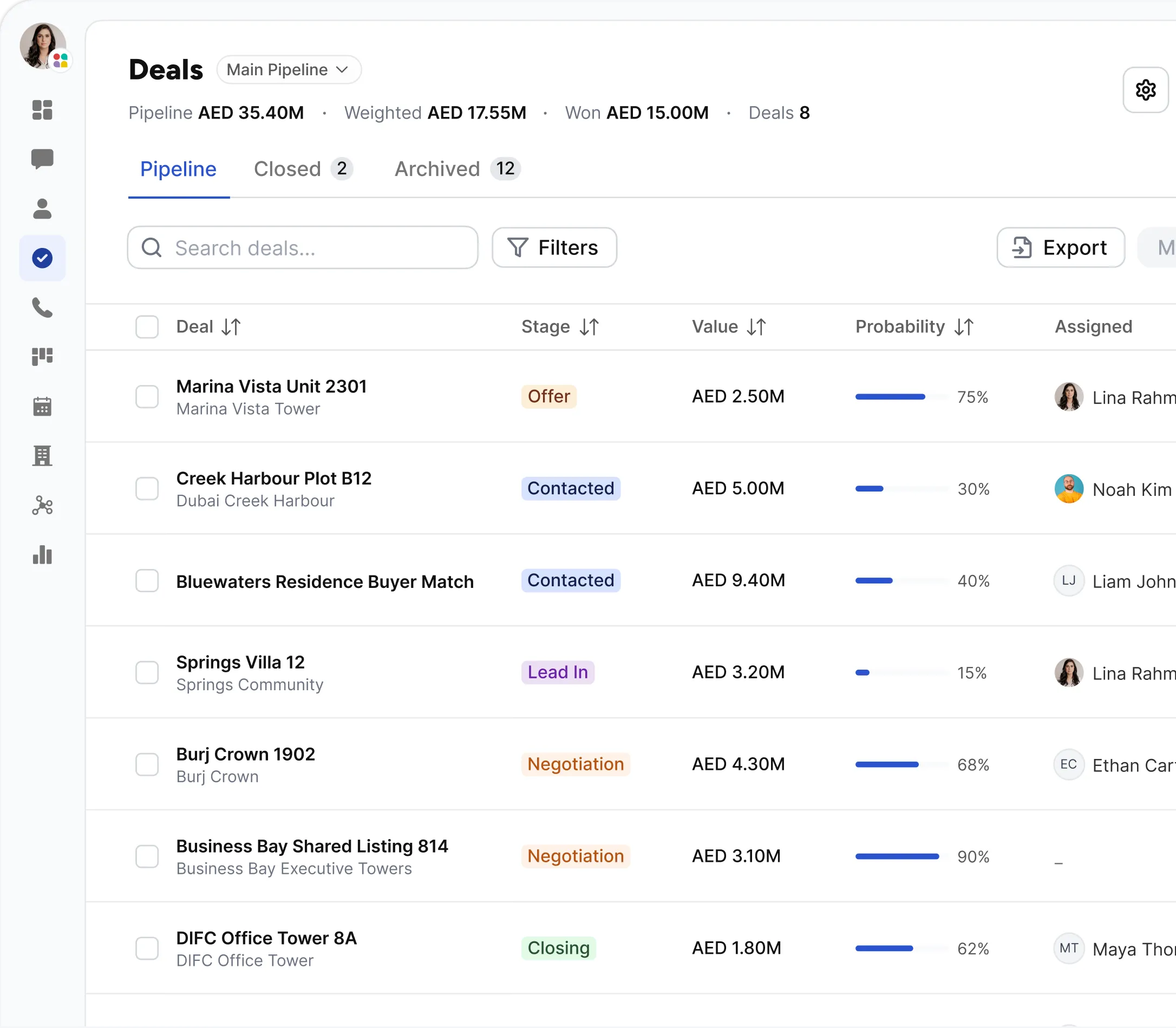 Link contacts, properties, tasks, deals